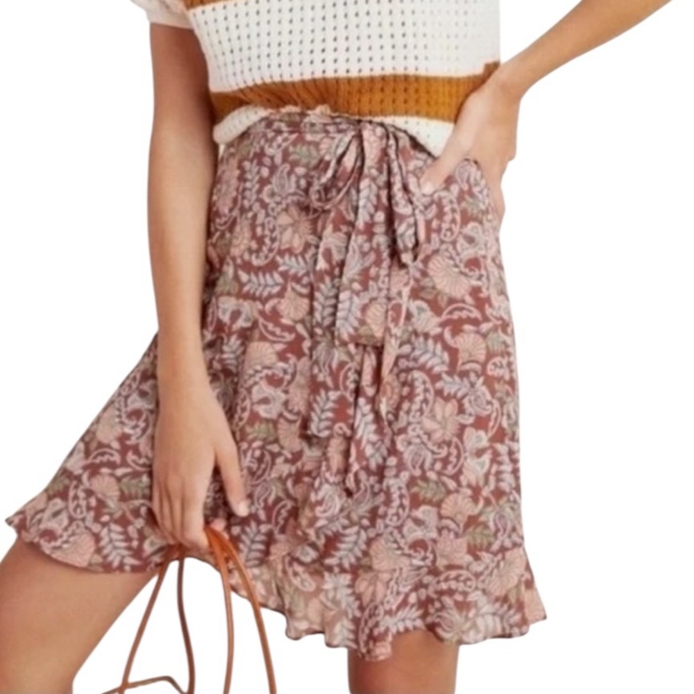 Anthropologie “Luka” Brown Floral Chiffon Mini Faux Wrap  Wrap Skirt XSP